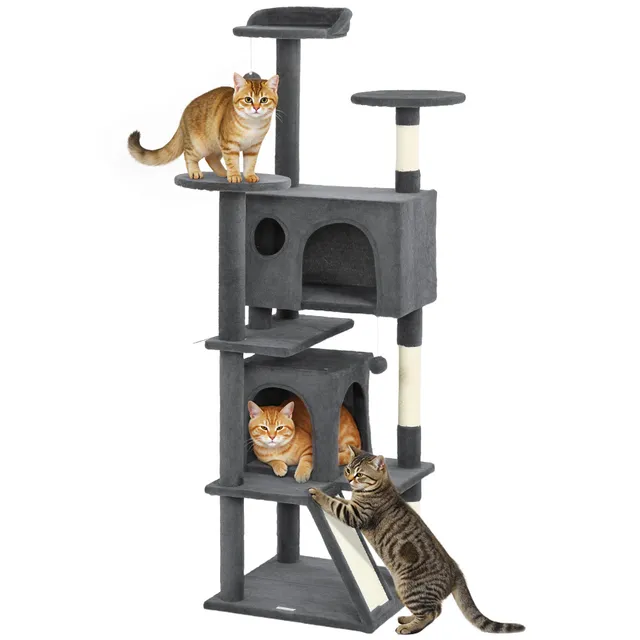 pawhut-arbre-chat-160-cm-avec-2-niches-lit-rampe-et-griffoirs-gris-fonc image 1
