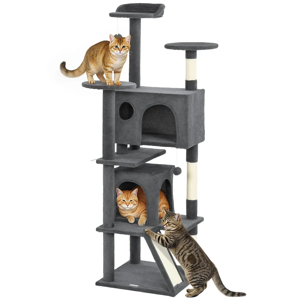 pawhut-arbre-chat-160-cm-avec-2-niches-lit-rampe-et-griffoirs-gris-fonc image 1