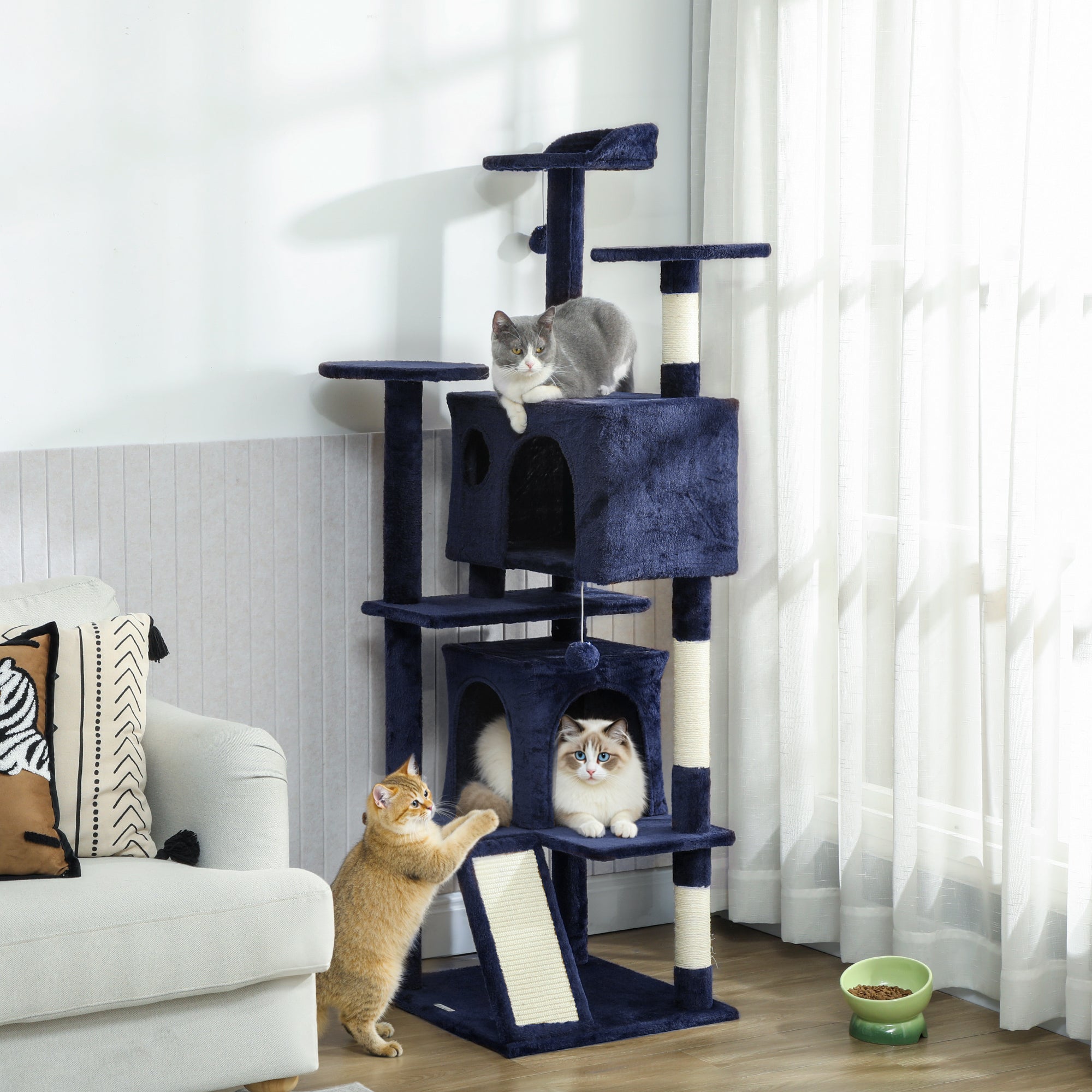 pawhut-arbre-chat-63-avec-condos-lit-rampe-et-griffoir-bleu-fonc image 3