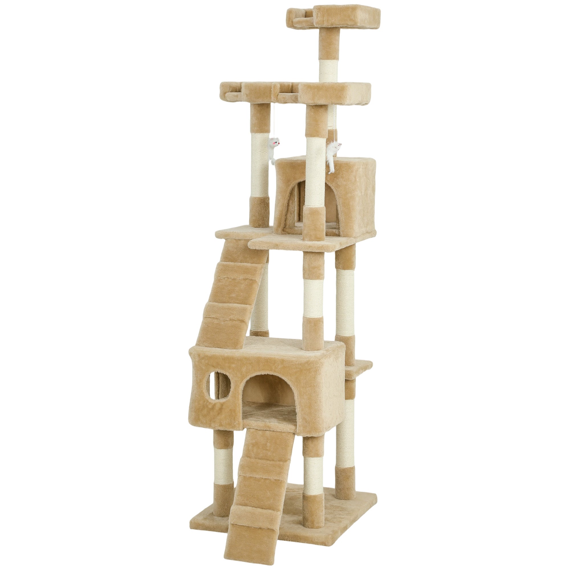 pawhut-arbre-chat-68-avec-2-niches-perchoirs-et-griffoirs-marron-clair image 2