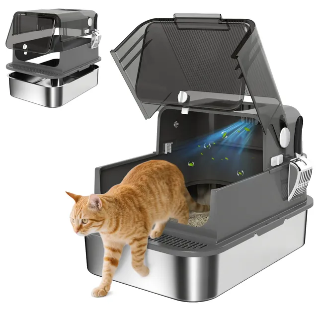 pawhut-bac-liti-re-chat-xxl-ferm-inox-avec-couvercle-noir image 1