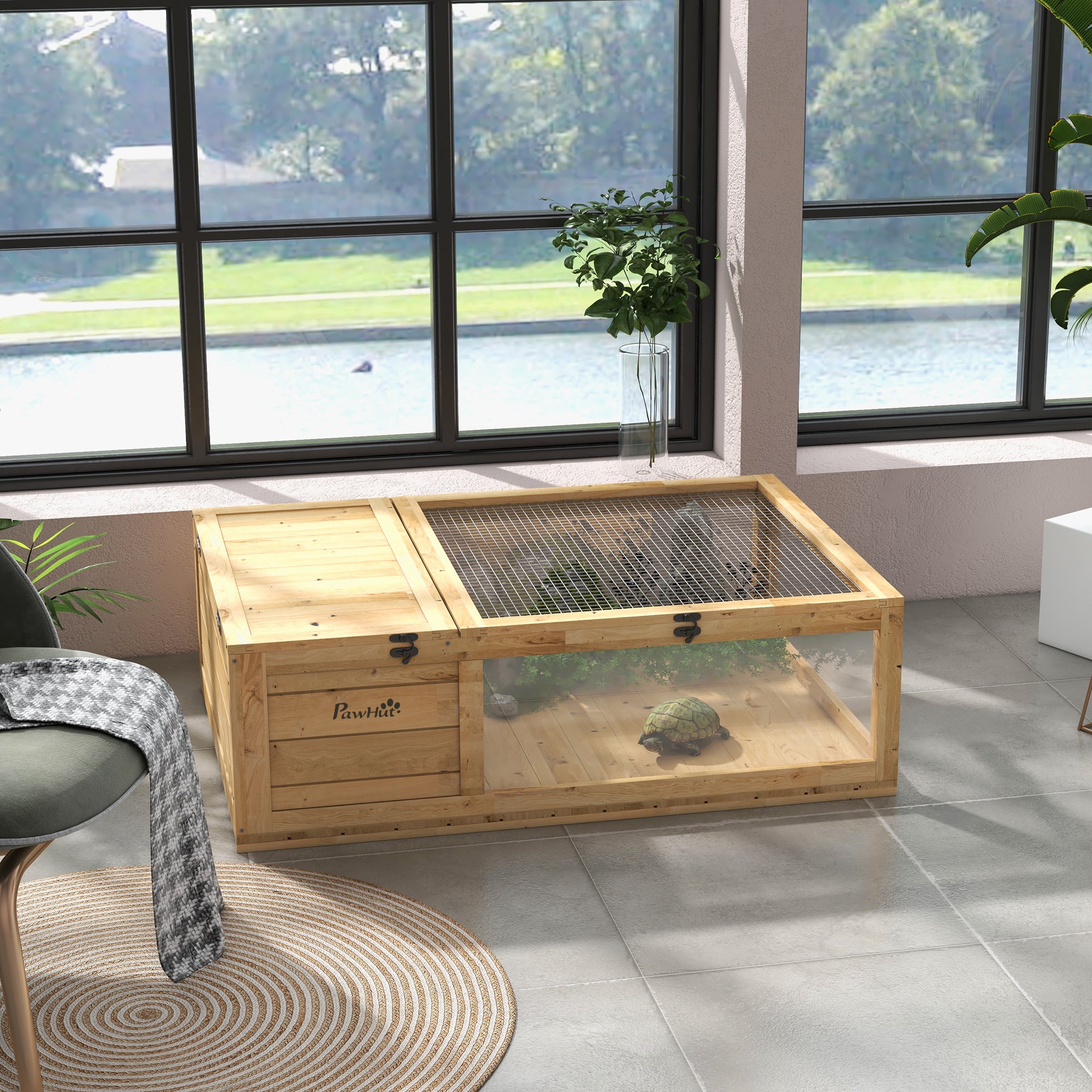 pawhut-maison-tortue-en-bois-2-pi-ces-jaune-clair-habitat-reptile-d-int-rieur image 4