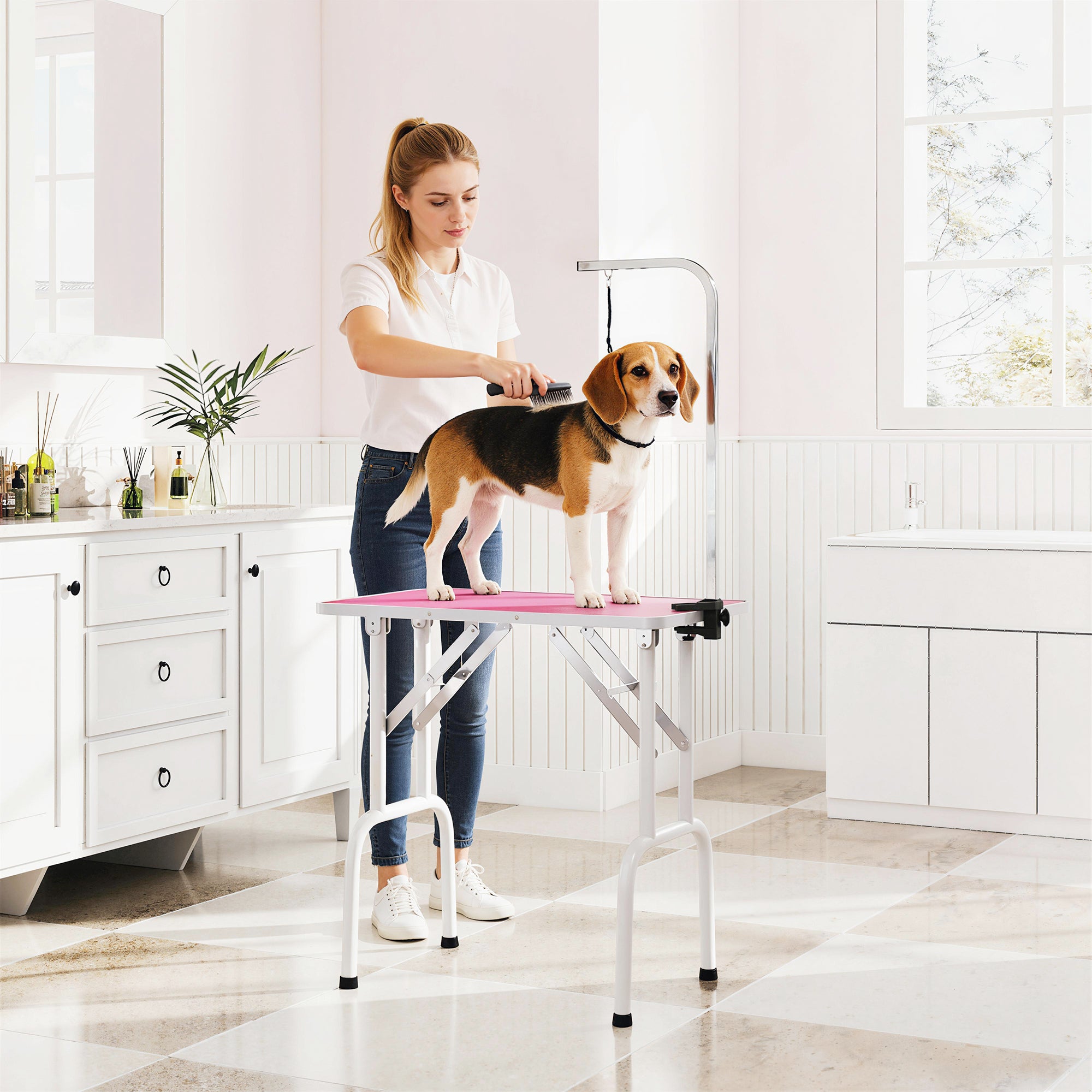 pawhut-table-de-toilettage-pliable-81-cm-rose-avec-bras-r-glable-et-dessus-antid image 3