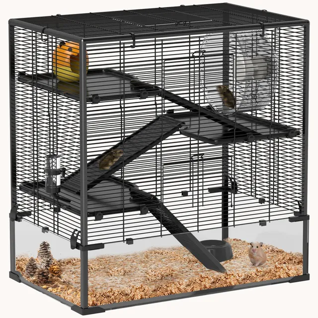 pawhut-cage-hamster-4-tages-31-x19-x31-5-avec-fond-verre-tremp-noire image 1