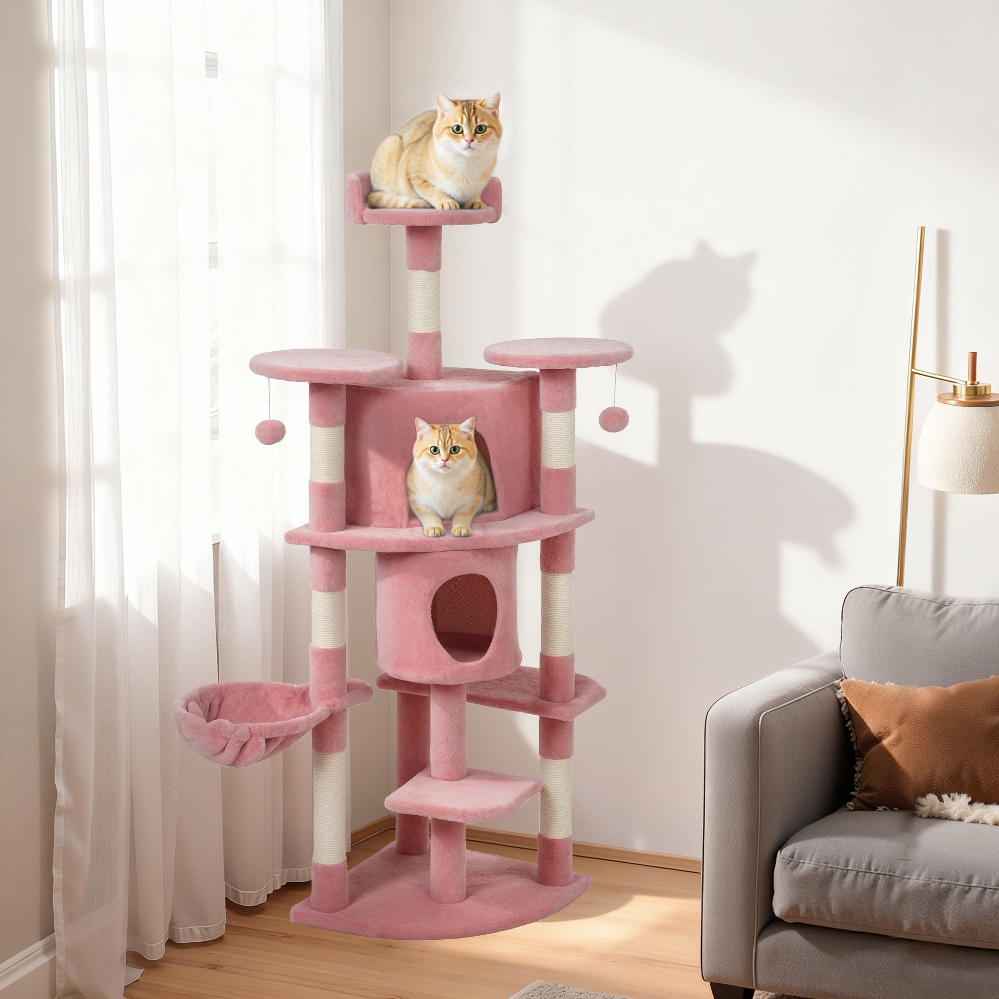 pawhut-arbre-chat-157-cm-avec-2-niches-hamac-et-perchoirs-rose image 4