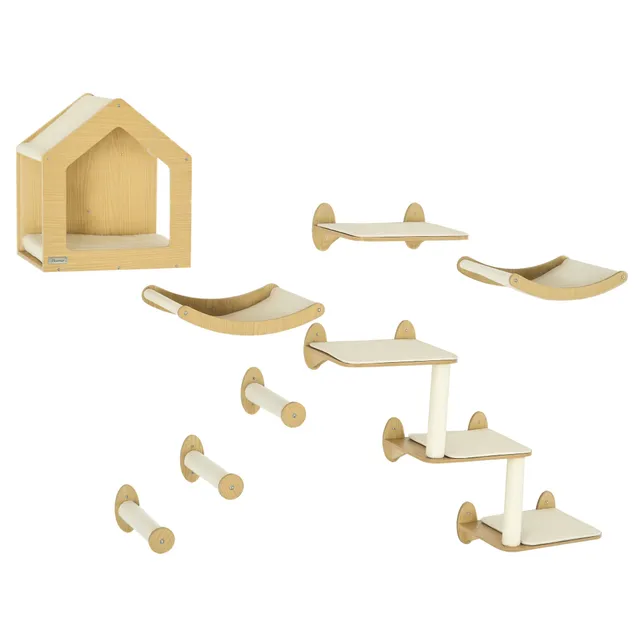 pawhut-arbre-chat-mural-8-pi-ces-beige-avec-condo-perchoirs-et-griffoirs image 1