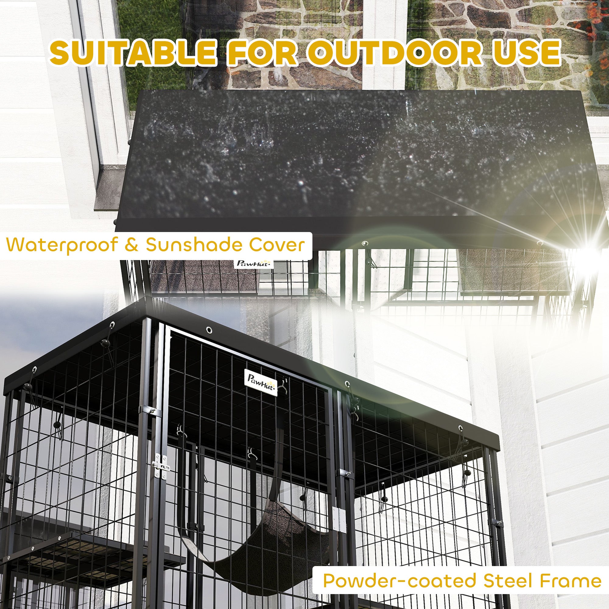 pawhut-catio-ext-rieur-m-tal-noir-avec-4-plateformes-hamac-et-b-che image 7