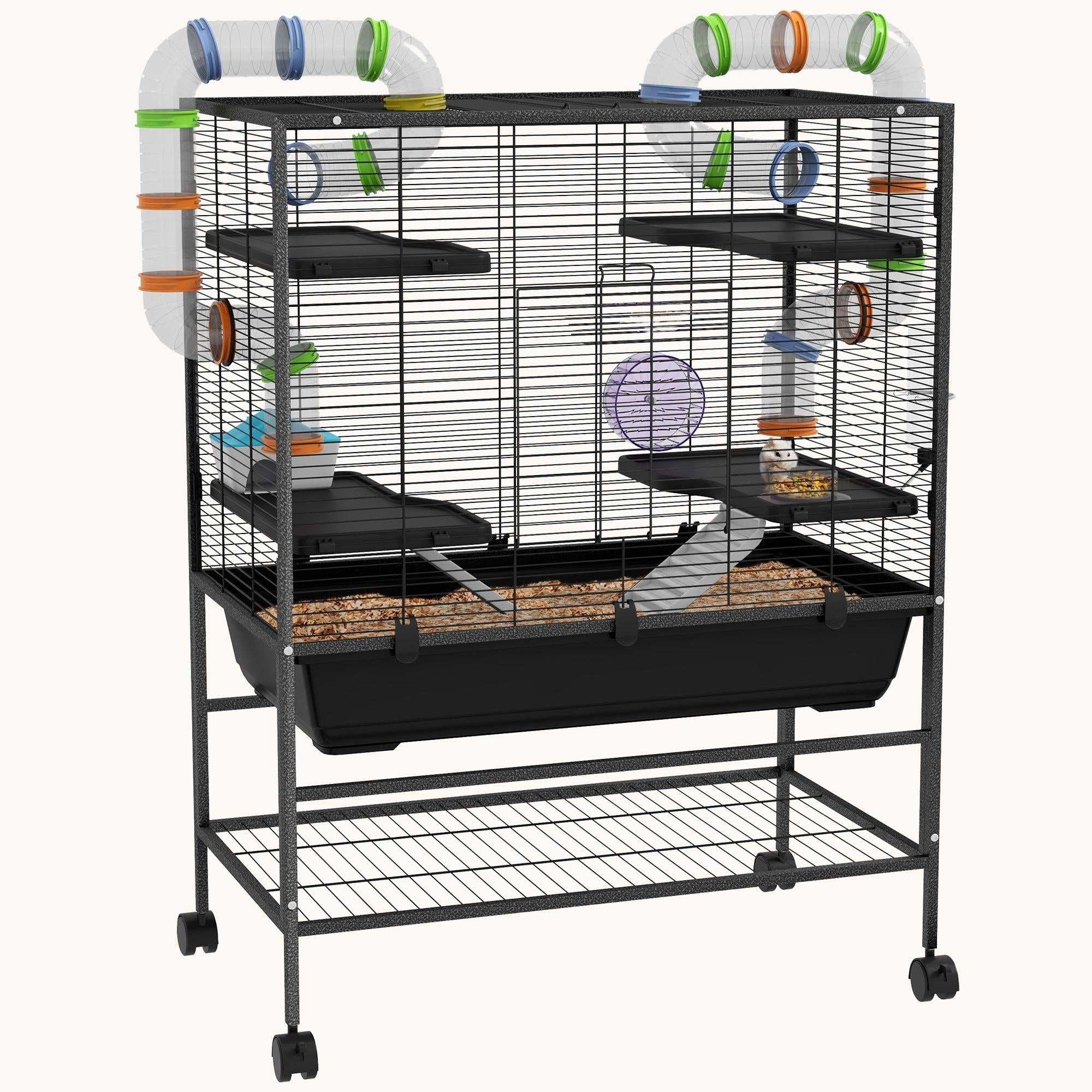 pawhut-grande-cage-hamster-81-cm-avec-tag-re-et-tubes-noire image 1