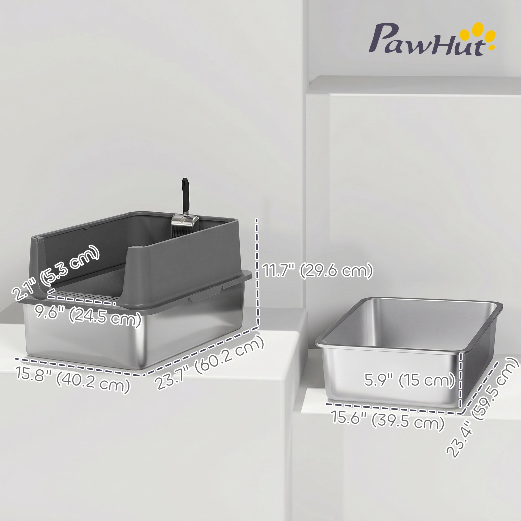 pawhut-bac-liti-re-chat-inox-xl-parois-hautes-avec-pelle-anti-fuite-gris-fonc image 5