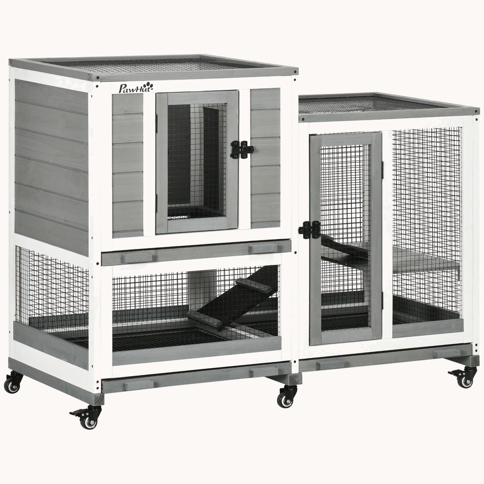 pawhut-clapier-lapin-3-tages-bois-avec-toit-tanche-et-roues-gris image 2