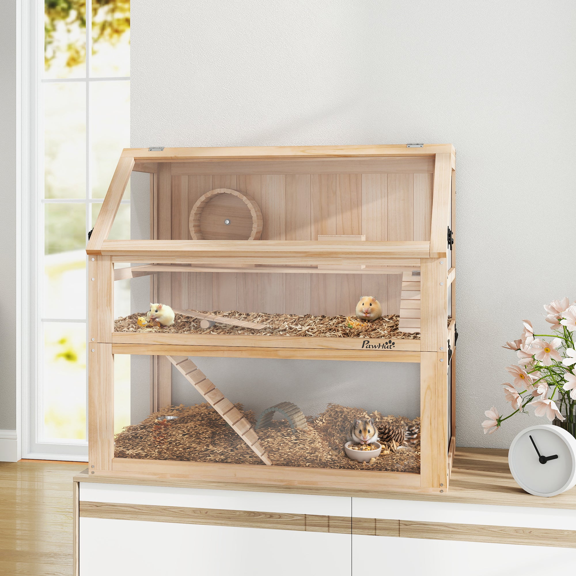 pawhut-cage-hamster-bois-3-tages-avec-roue-cabane-et-rampes-80-x-50-x-76-cm-natu image 4
