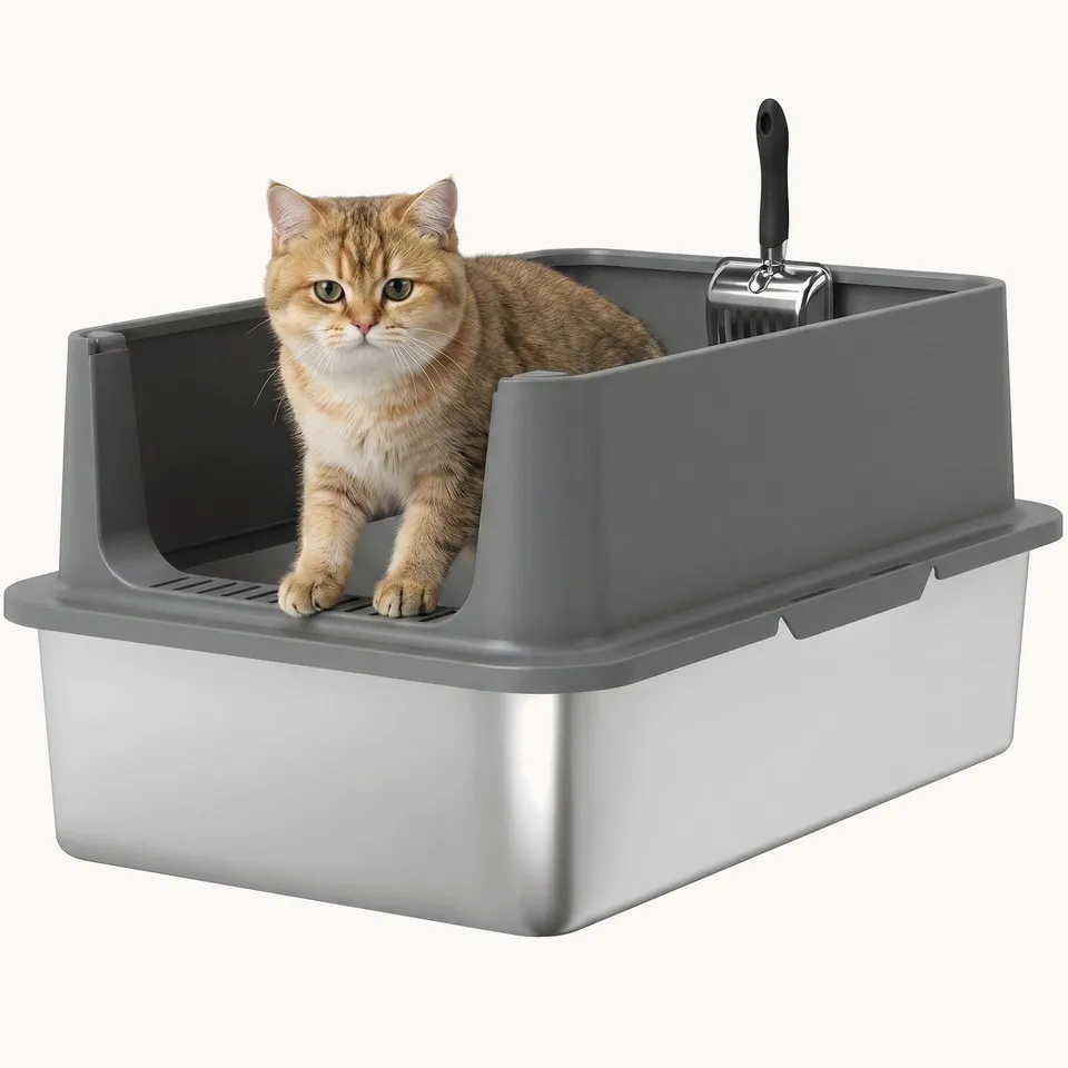 pawhut-bac-liti-re-chat-xl-inox-bords-hauts-avec-pelle-60-x-40-x-30-cm-gris-fonc image 1