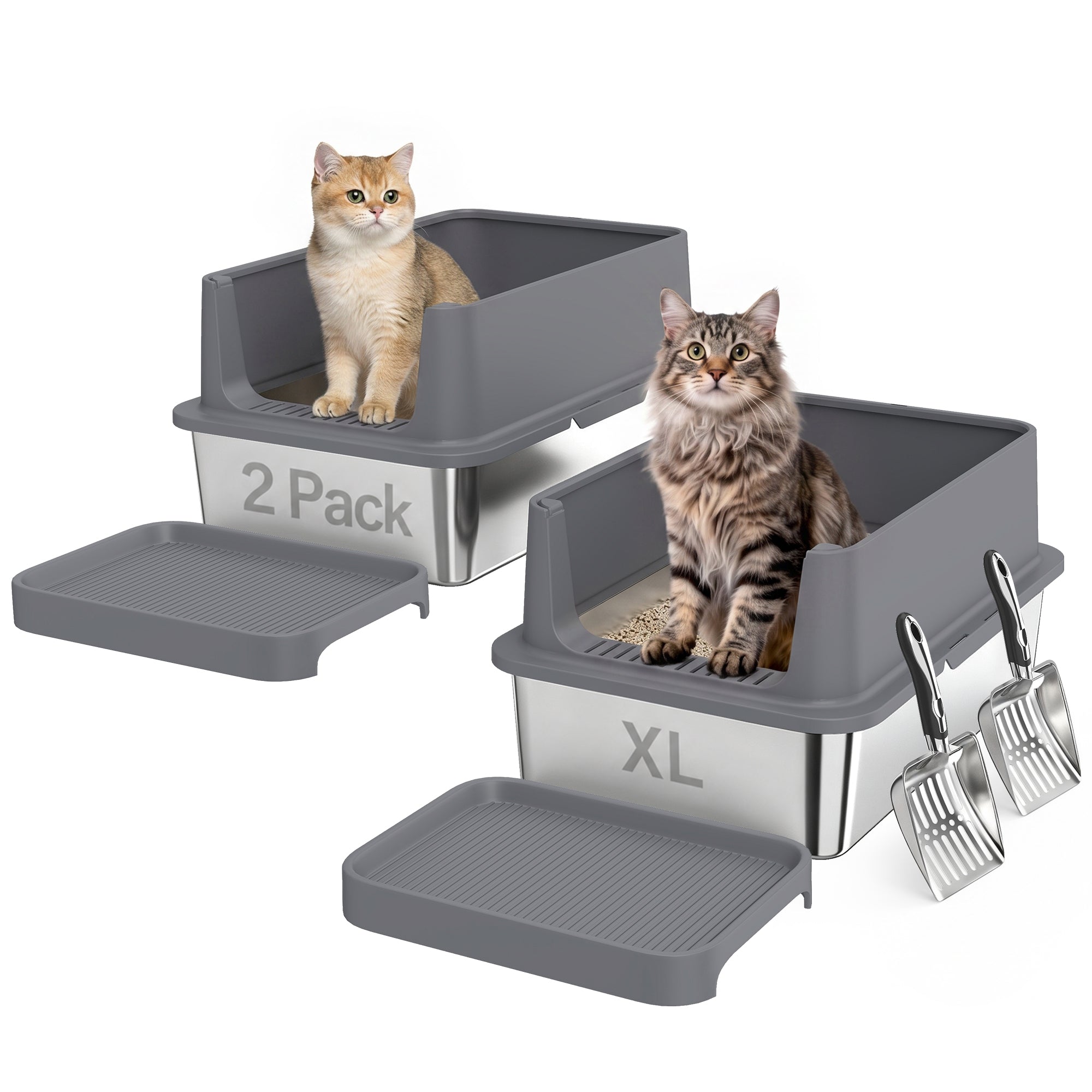 pawhut-bac-liti-re-chat-inox-xl-lot-de-2-avec-marche-et-pelles image 1