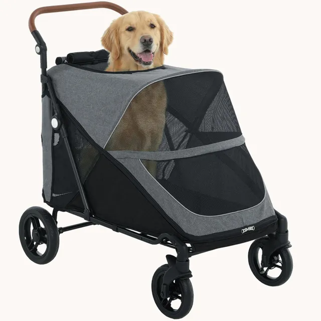 pawhut-poussette-pour-grand-chien-grise-avec-pliage-une-main-et-poign-e-r-glable image 1
