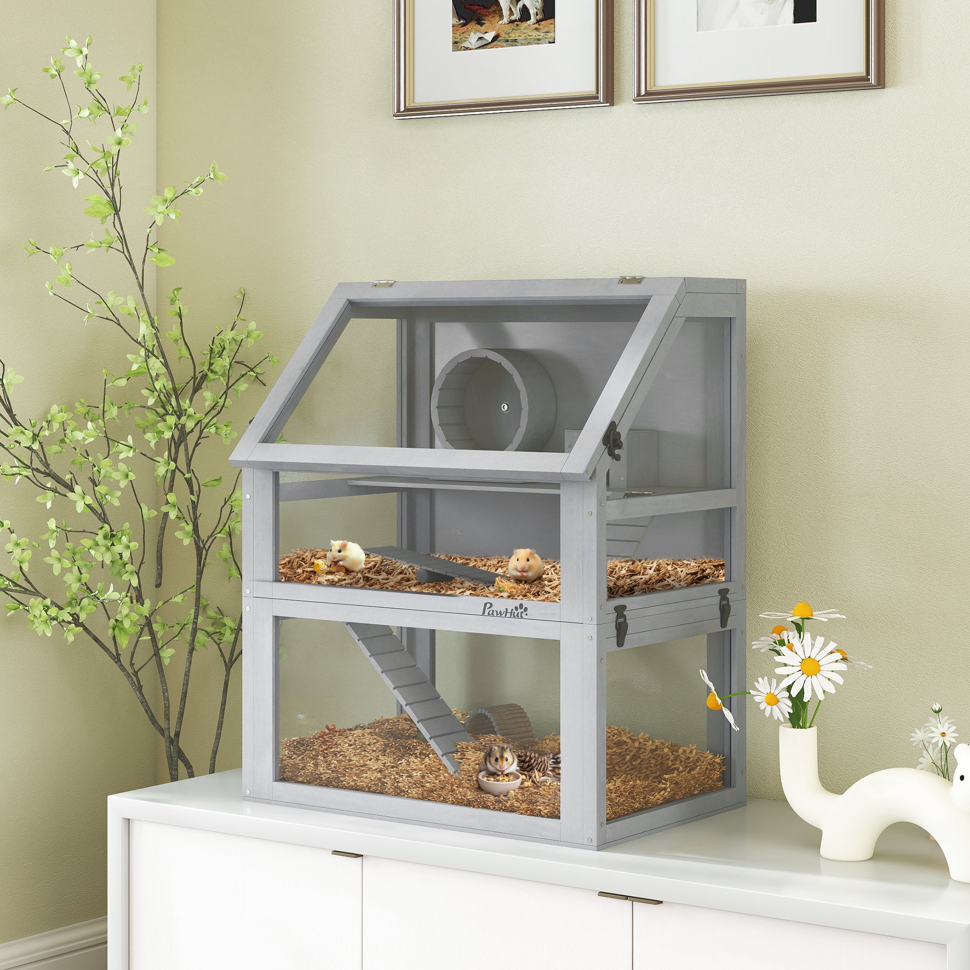 pawhut-cage-hamster-bois-3-niveaux-avec-roue-et-rampes-24x16x29-5-pouces image 3