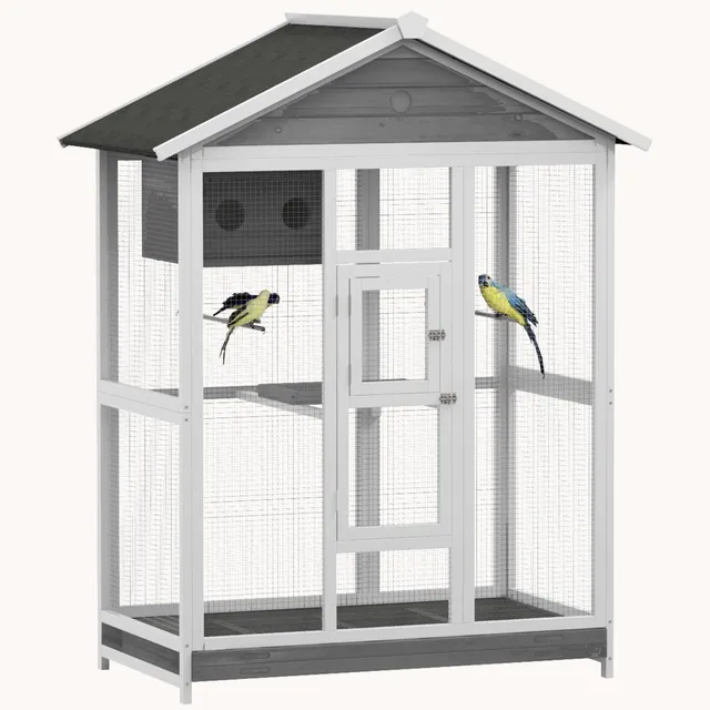 pawhut-voli-re-cage-oiseaux-bois-164-cm-grise-avec-4-perchoirs-et-plateau image 1