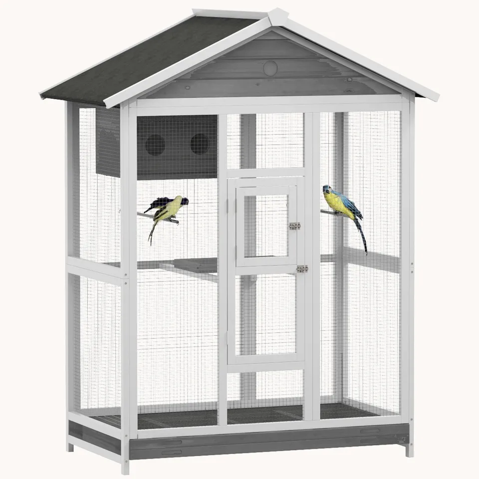 pawhut-voli-re-cage-oiseaux-bois-164-cm-grise-avec-4-perchoirs-et-plateau image 1