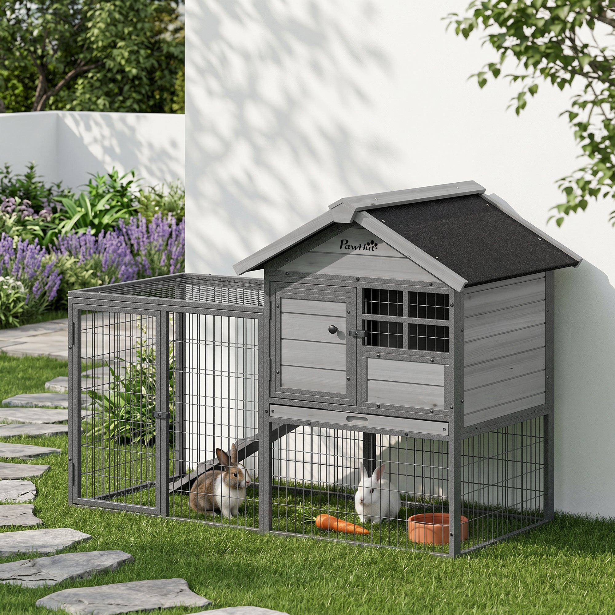 pawhut-clapier-ext-rieur-48-avec-parc-toit-asphalte-et-bac-amovible-gris image 3