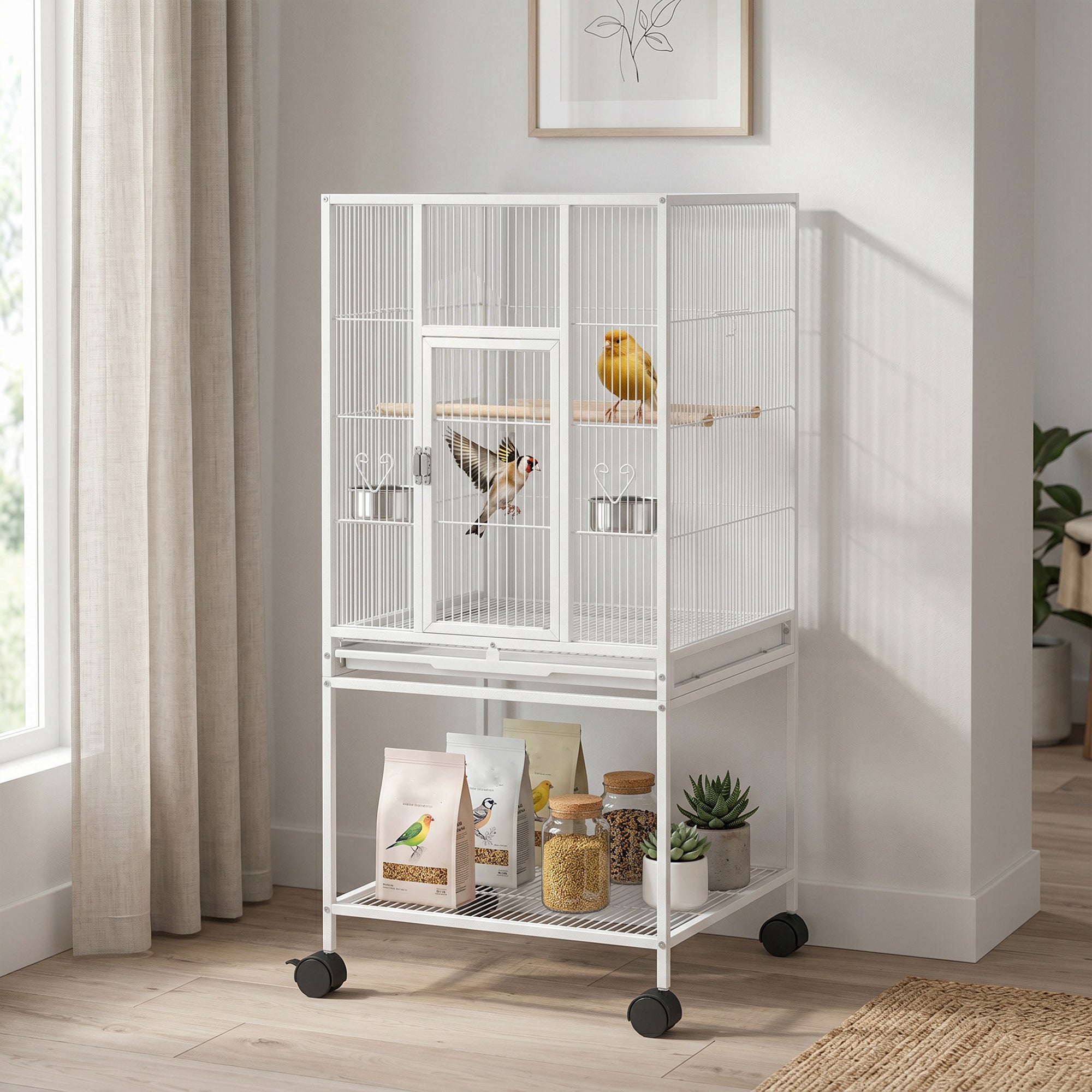 pawhut-cage-oiseaux-d-tachable-sur-roulettes-avec-tag-re-blanc image 3