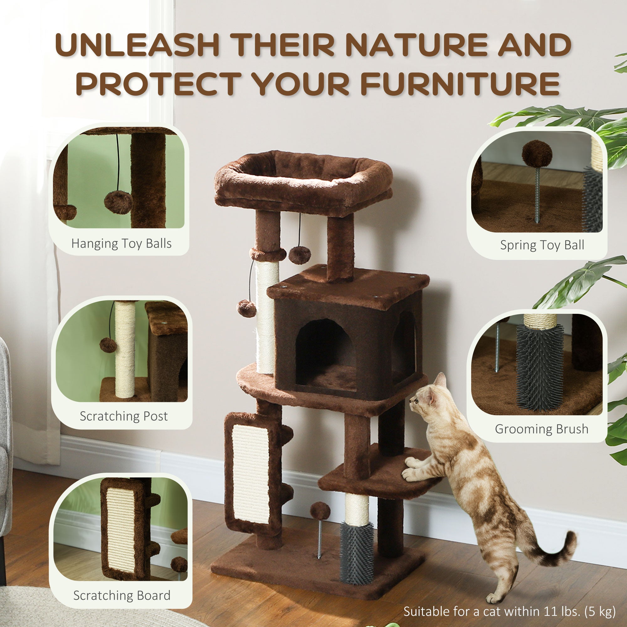 pawhut-arbre-chat-104-cm-avec-niche-hamac-et-griffoirs-marron image 7