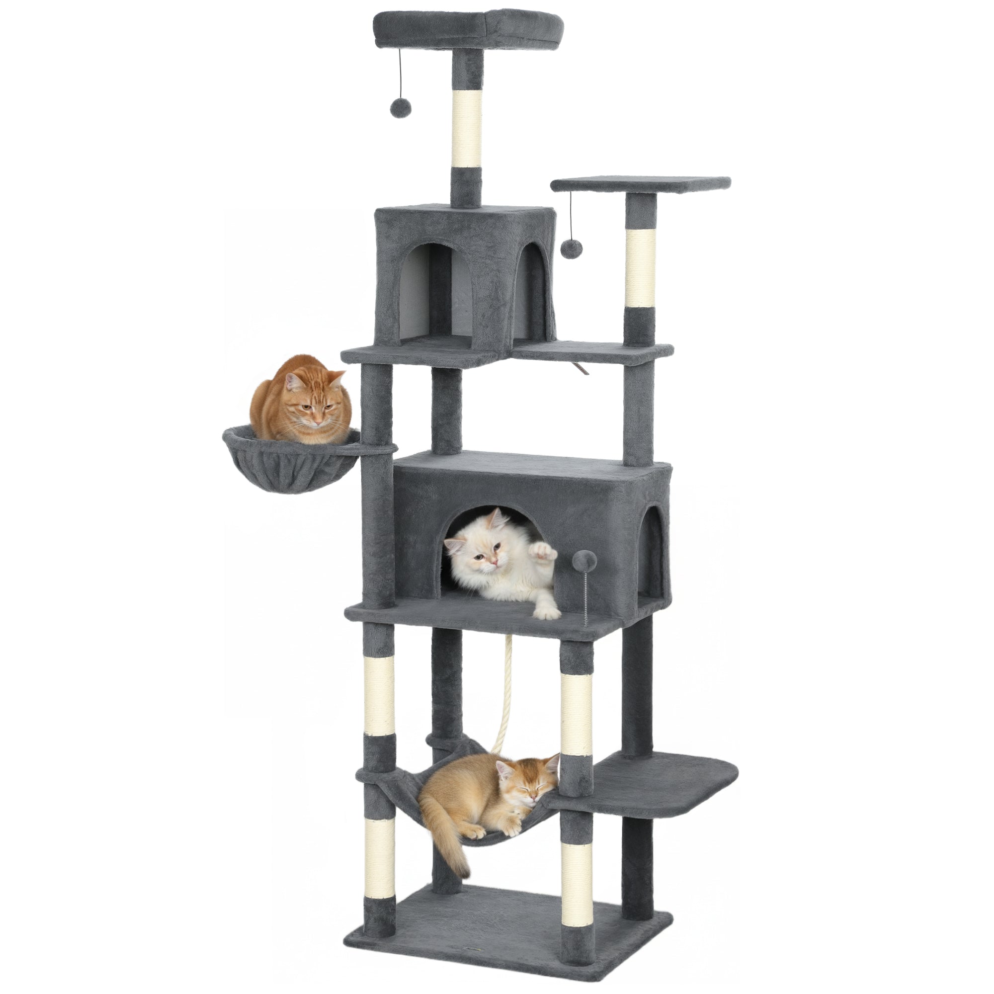 pawhut-arbre-chat-g-ant-202cm-6-griffoirs-2-niches-2-hamacs-gris-fonc image 1
