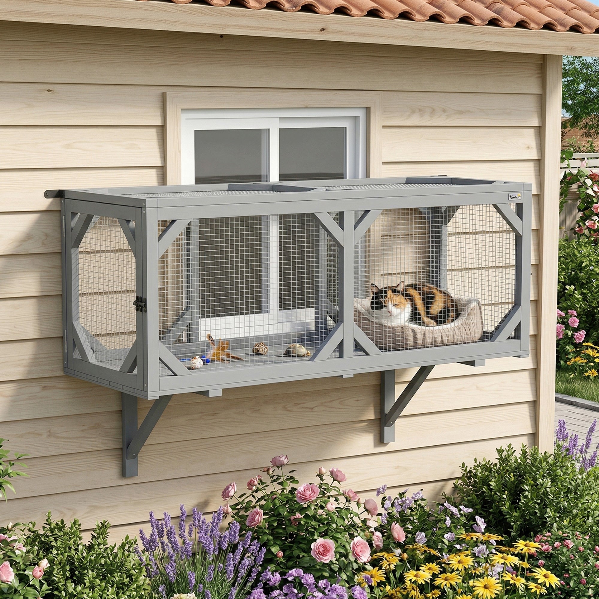 pawhut-tunnel-catio-mural-en-bois-avec-2-portes-et-design-extensible-gris image 4