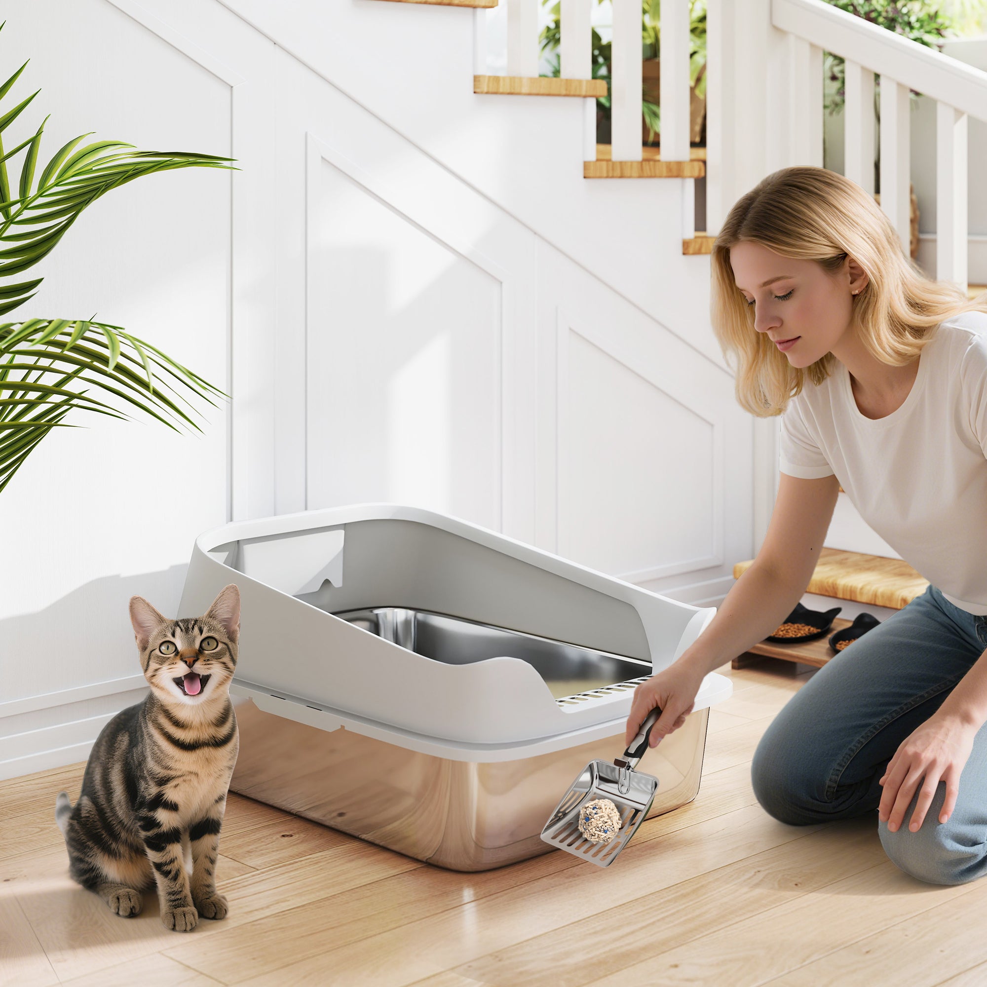 pawhut-bac-liti-re-chat-inox-avec-pelle-bords-hauts-60-cm-gris image 3