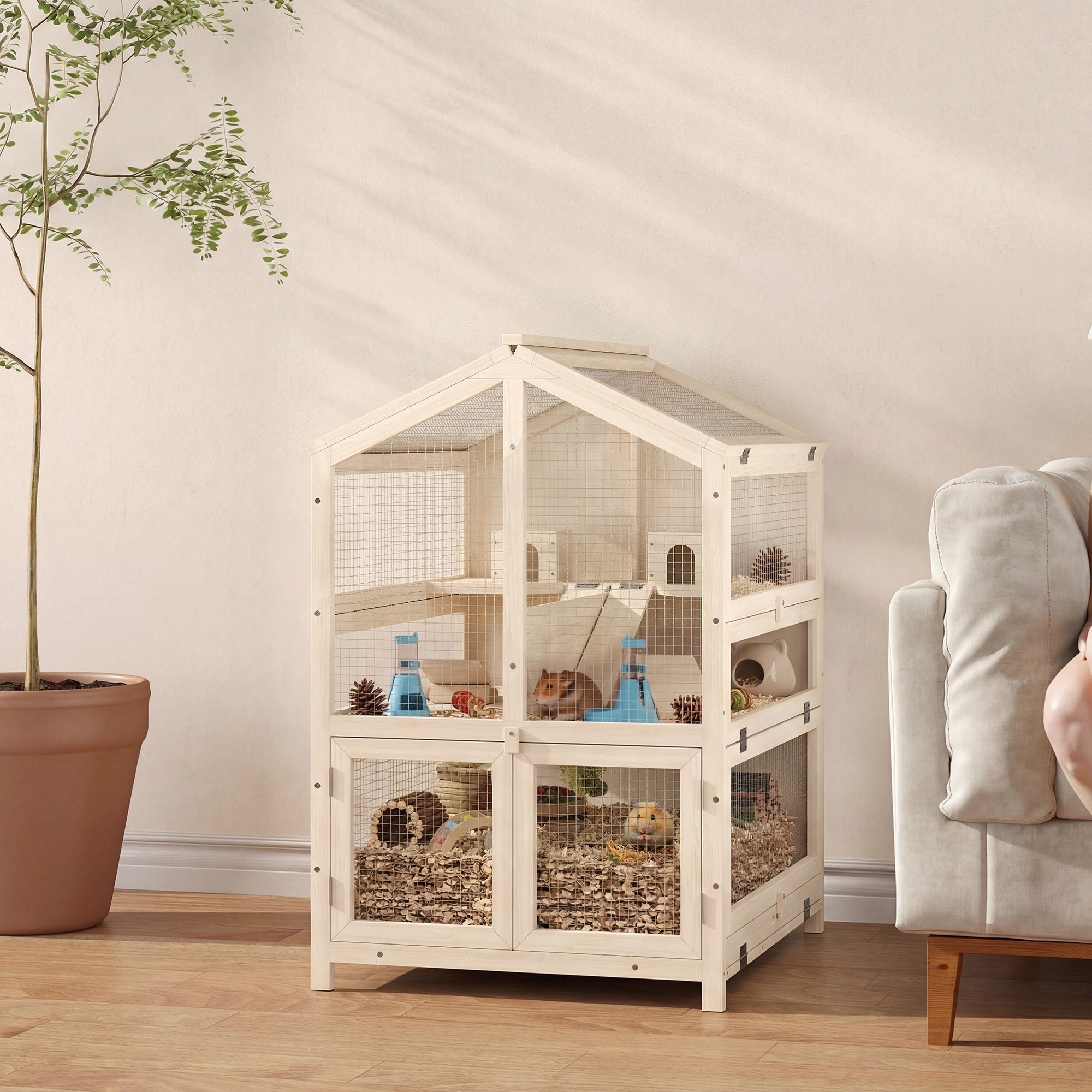 pawhut-cage-hamster-en-bois-3-tages-26-8-avec-s-parateur-toboggans-et-cabanes-na image 4