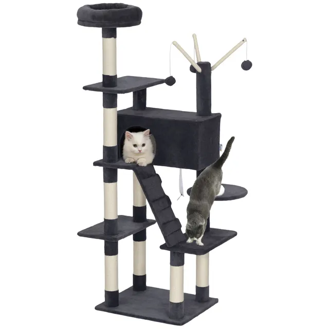 pawhut-arbre-chat-multi-niveaux-59-avec-niche-et-chelle-gris-fonc image 1