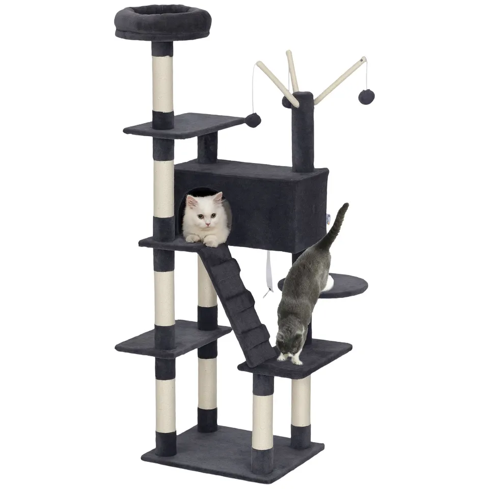 pawhut-arbre-chat-multi-niveaux-59-avec-niche-et-chelle-gris-fonc image 1