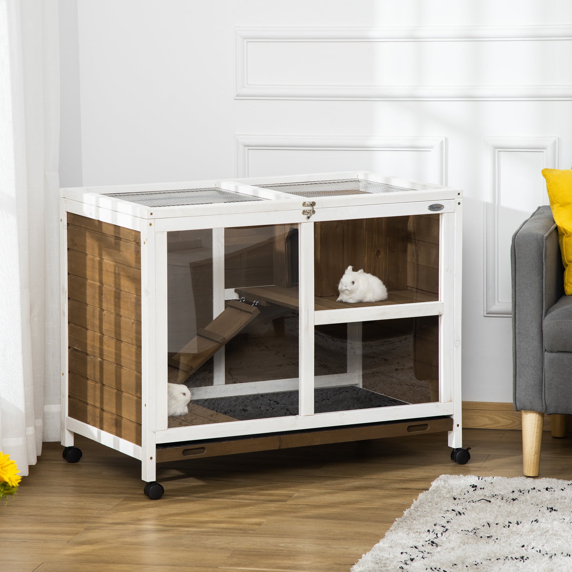 pawhut-cage-mobile-en-bois-2-tages-pour-petit-animal-avec-toit-ouvrant-marron image 3