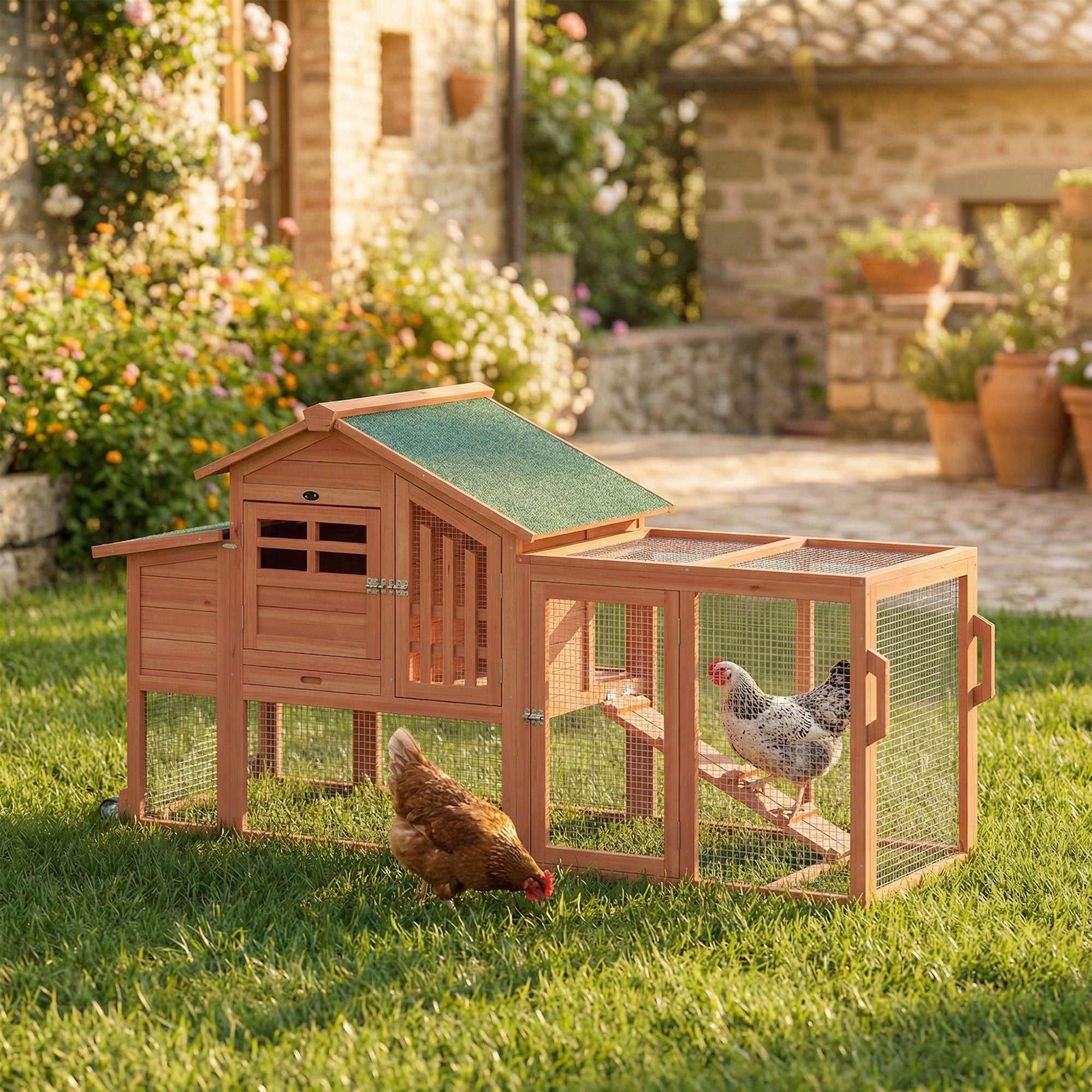 pawhut-poulailler-mobile-avec-enclos-orange-190-x-69-x-97-cm-pondoir-tiroir-et-r image 3