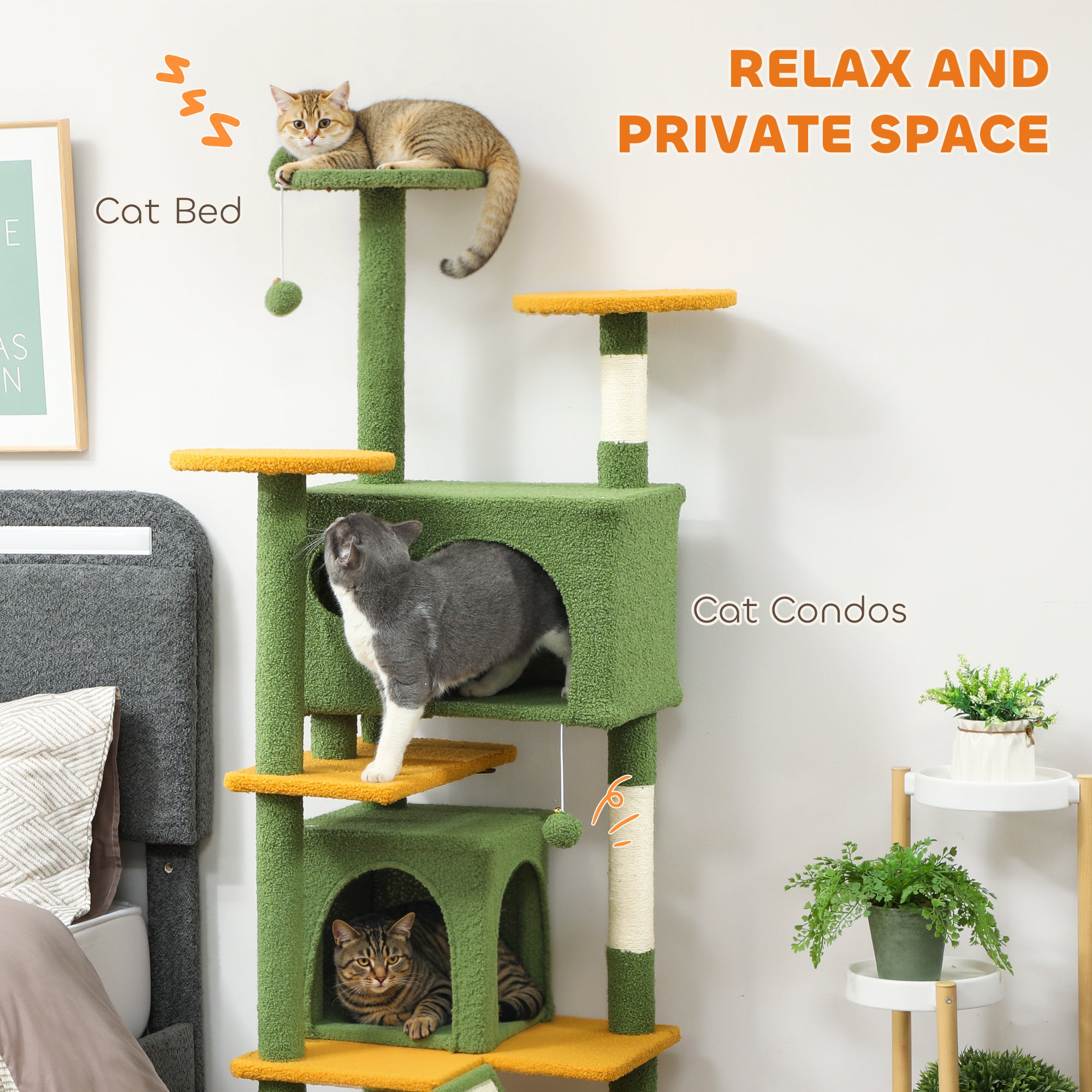 pawhut-arbre-chat-160-cm-avec-niches-lit-rampe-et-griffoirs-vert image 7