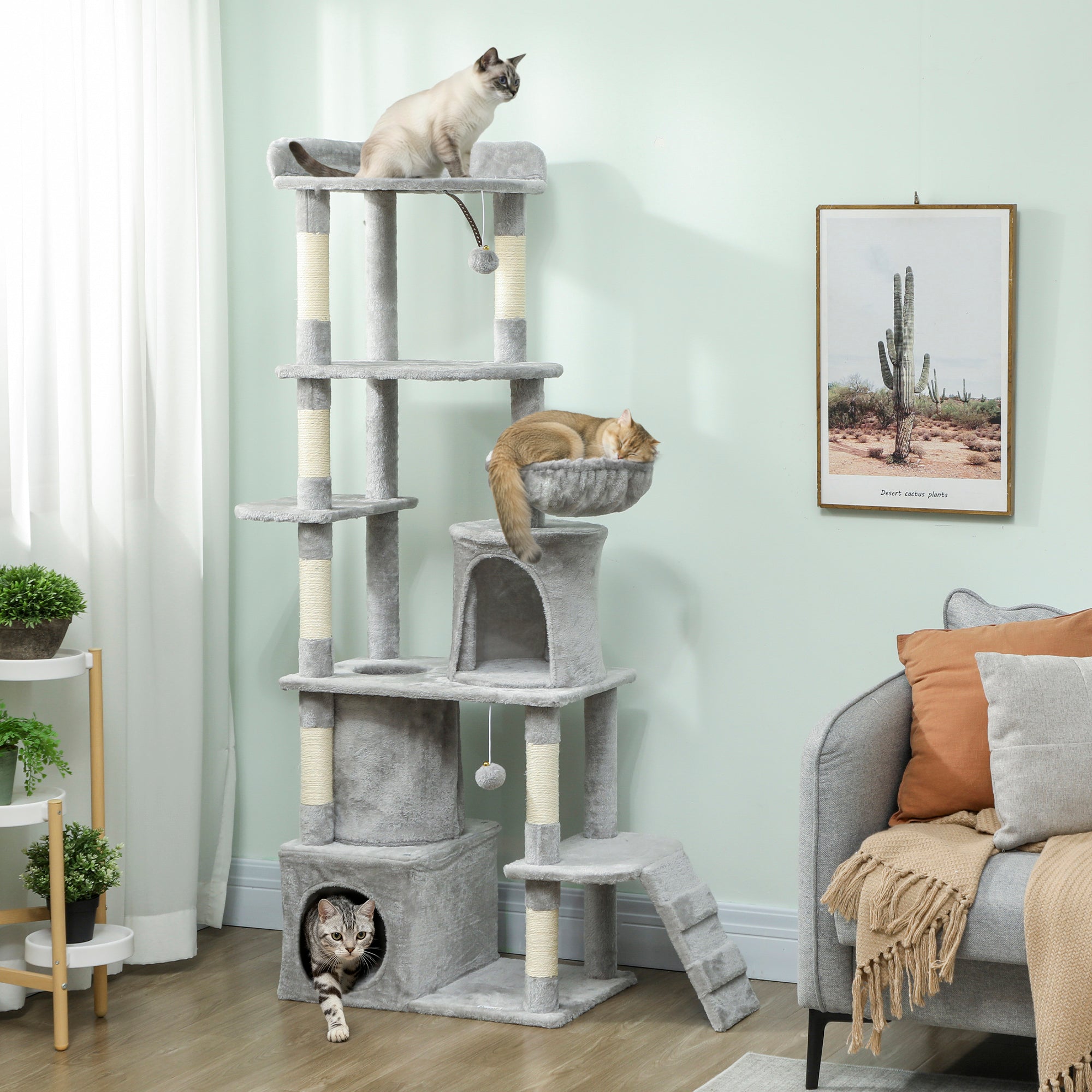 pawhut-grand-arbre-chat-170-cm-7-griffoirs-tunnel-2-niches-hamac-gris-clair image 3