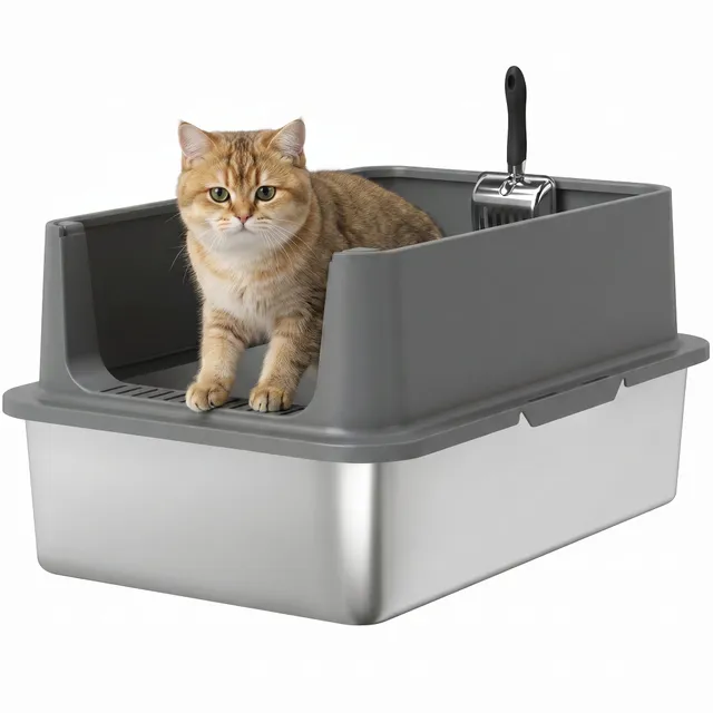 pawhut-bac-liti-re-chat-inox-xl-parois-hautes-avec-pelle-anti-fuite-gris-fonc image 1