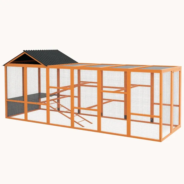 pawhut-extension-enclos-poules-bois-avec-rangement-perchoirs-et-chelles-orange image 1