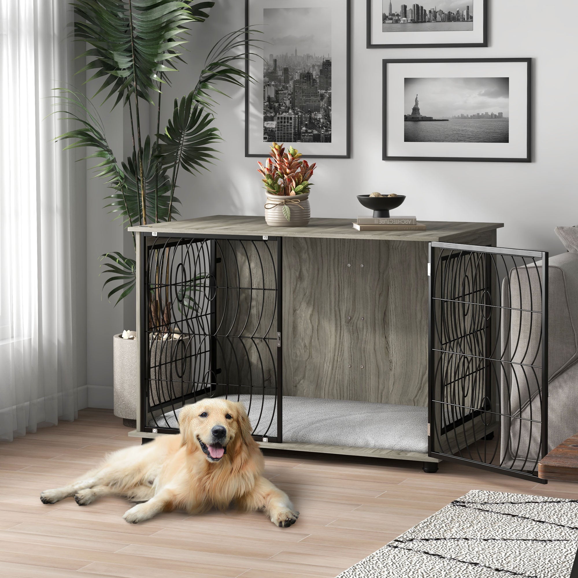 pawhut-cage-chien-table-d-appoint-118x75x82cm-avec-coussin-gris image 3