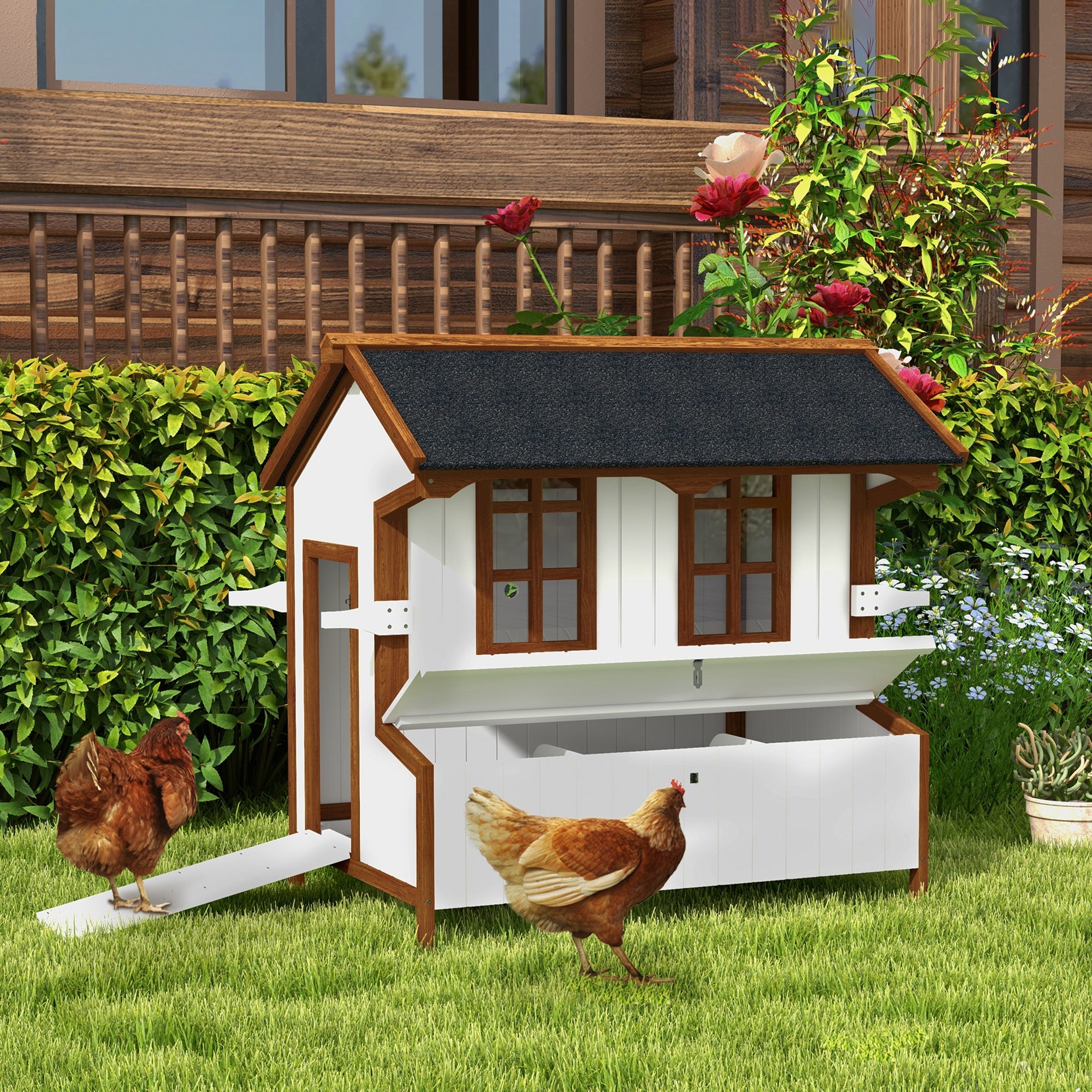 pawhut-poulailler-en-bois-47-avec-niche-sur-lev-e-pondoir-et-poign-es-3-5-poules image 3