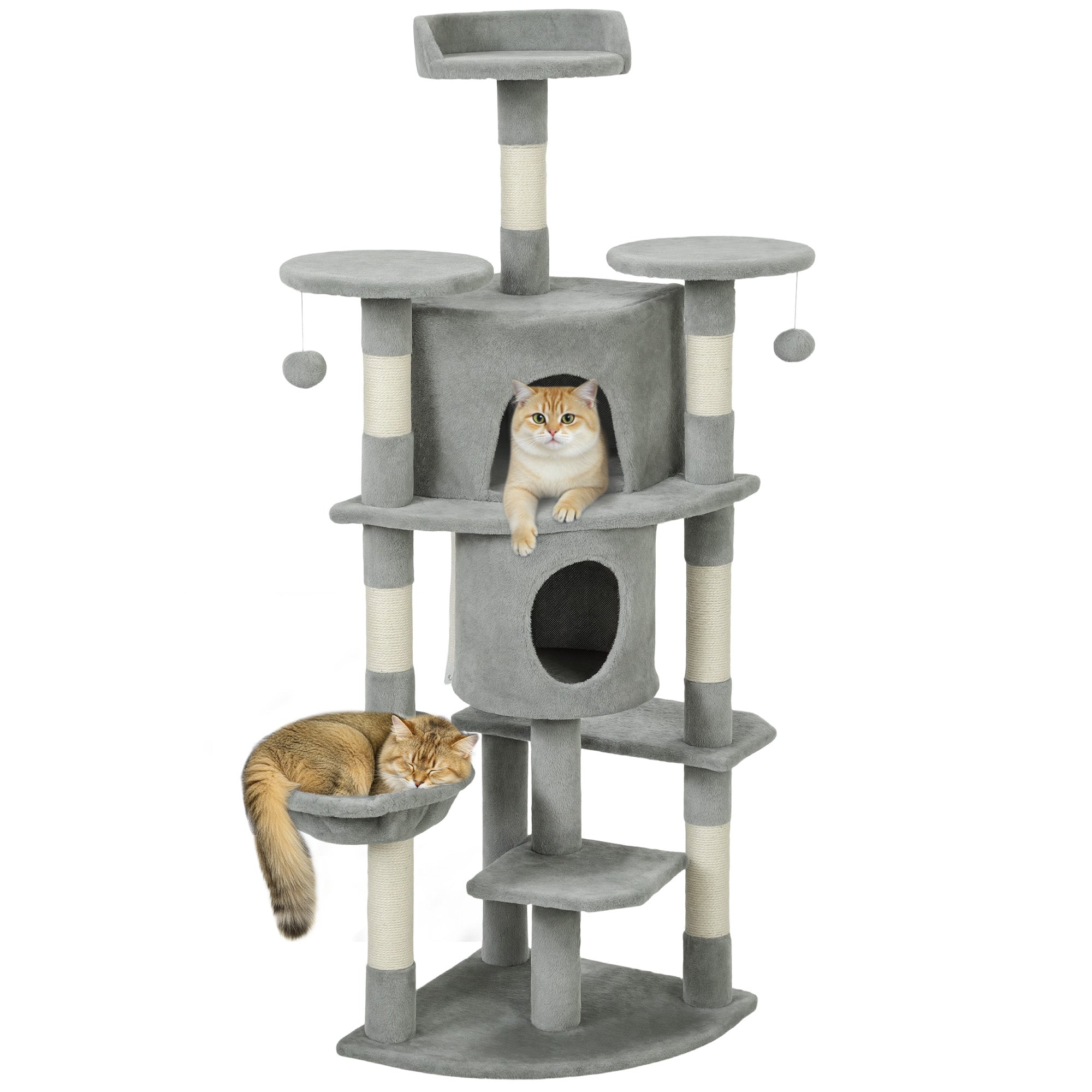 pawhut-arbre-chat-157-cm-62-avec-2-niches-hamac-et-perchoirs-gris-clair image 1