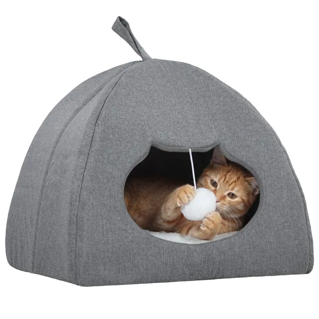 pawhut-niche-grotte-pour-chat-avec-coussin-r-versible-et-balle-42x42x39-cm-gris image 1