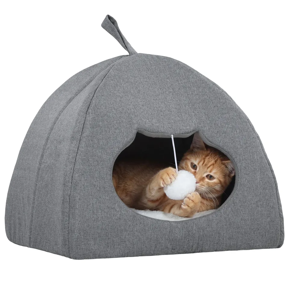 pawhut-niche-grotte-pour-chat-avec-coussin-r-versible-et-balle-42x42x39-cm-gris image 1