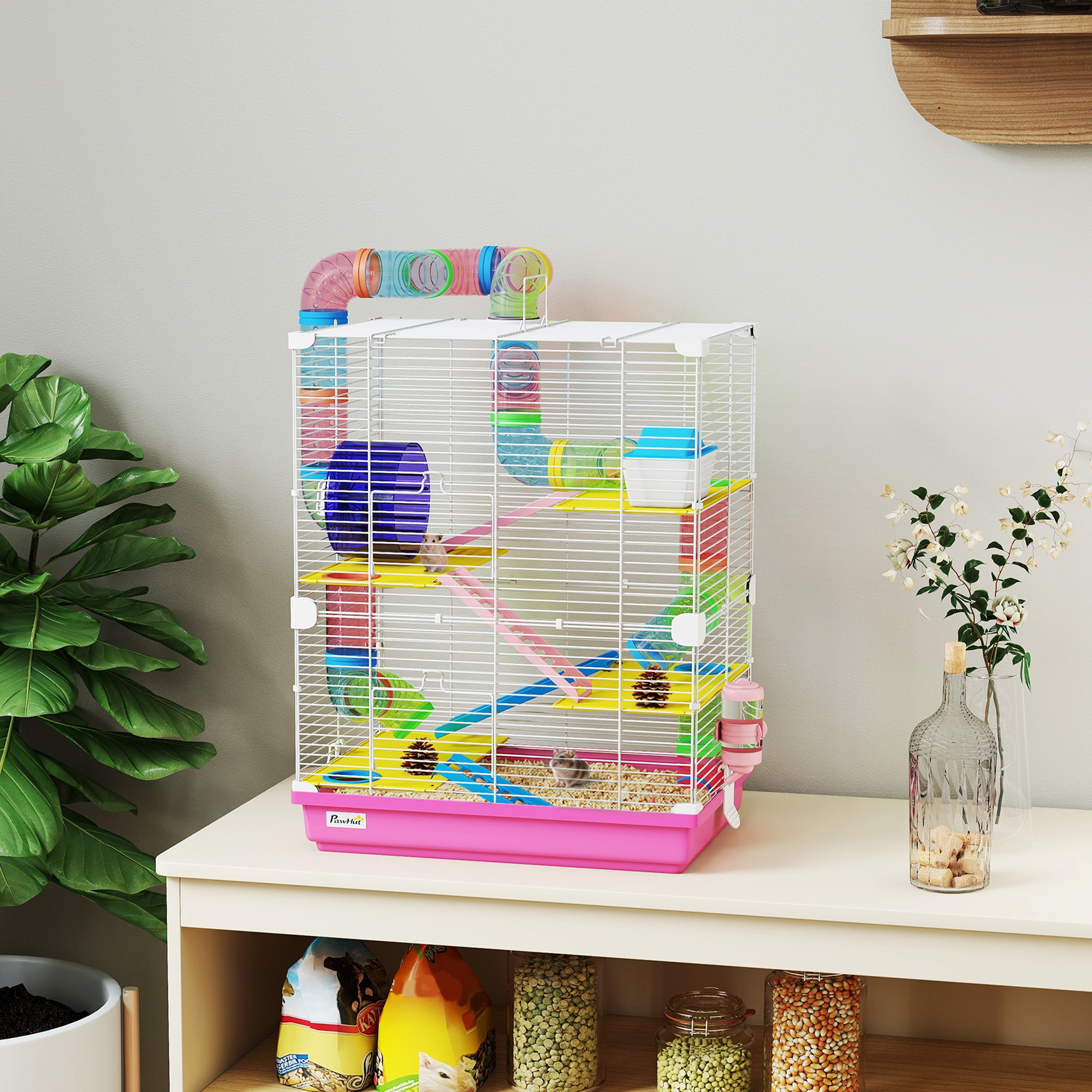 pawhut-cage-hamster-5-tages-rose-avec-roues-tubes-et-accessoires-pour-gerbilles image 3