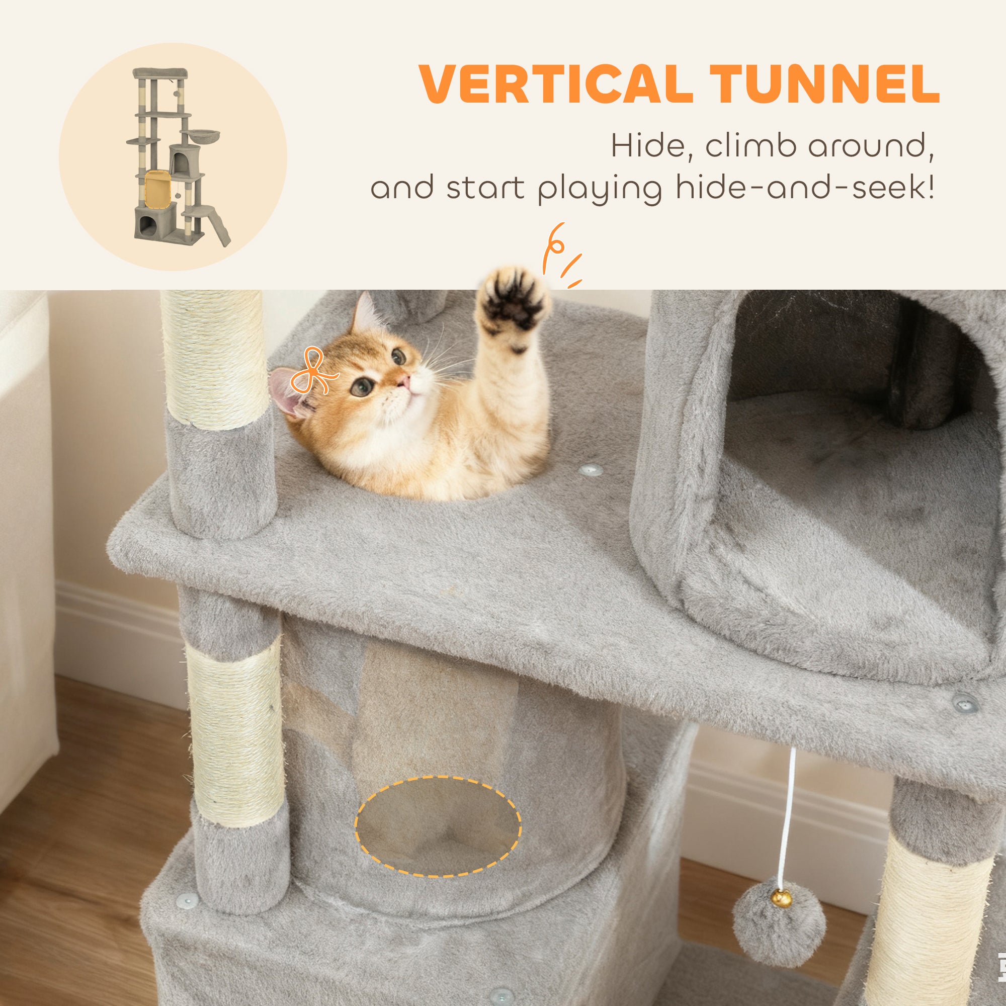 pawhut-grand-arbre-chat-170-cm-7-griffoirs-tunnel-2-niches-hamac-gris-clair image 8