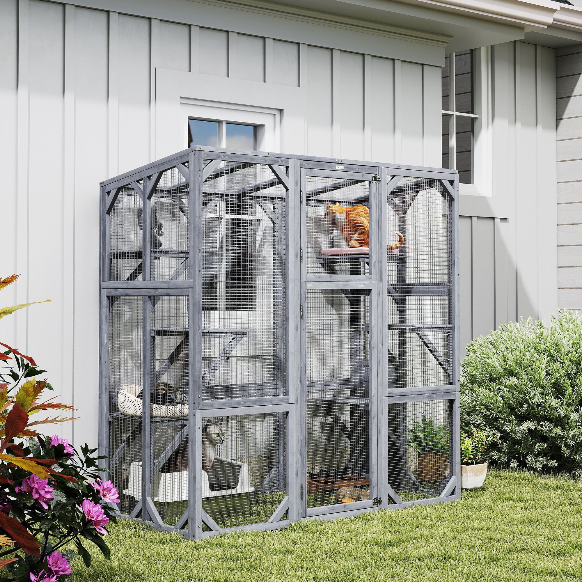 pawhut-catio-ext-rieur-grand-enclos-avec-6-plateformes-et-toit-imperm-able-gris image 3