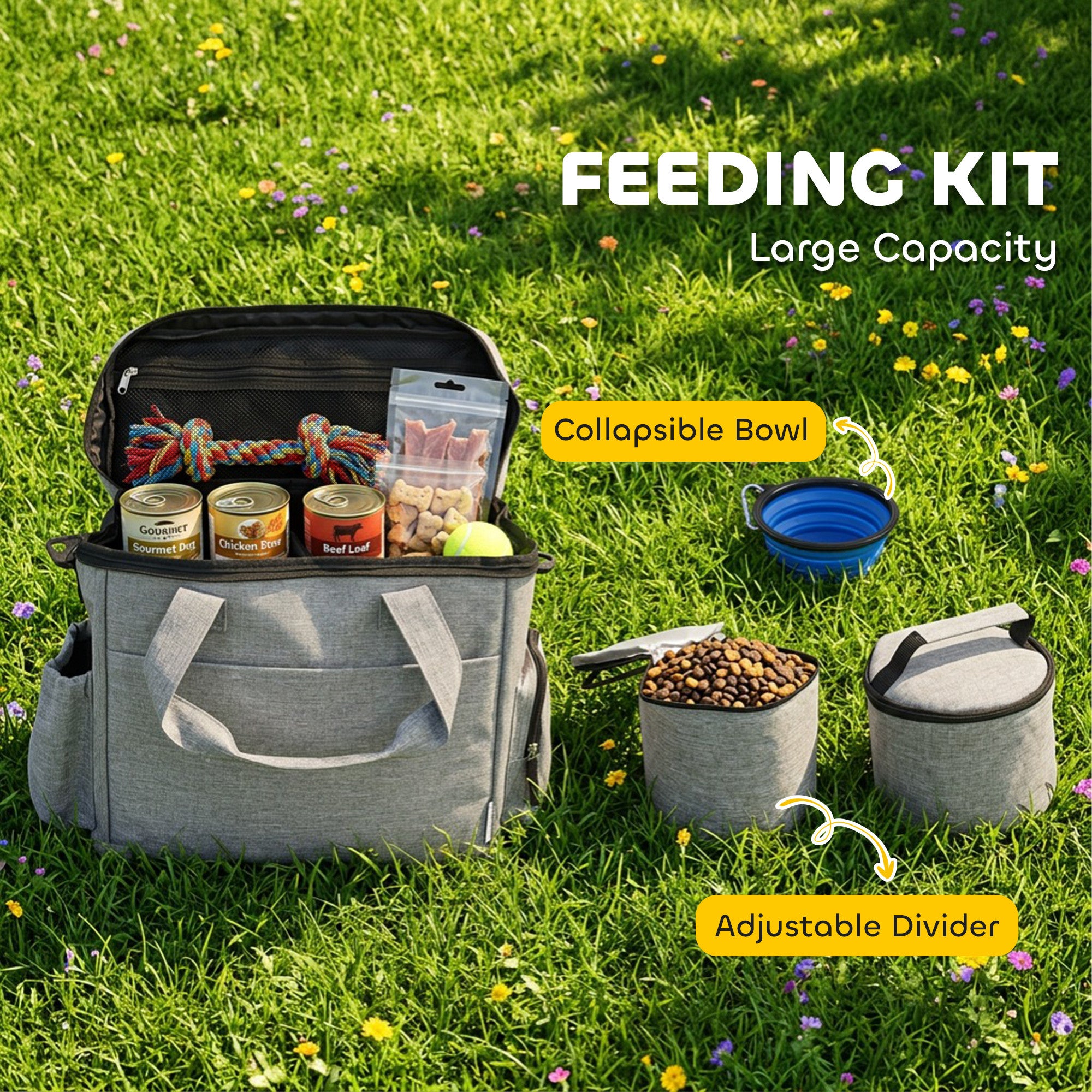 pawhut-sac-de-voyage-pour-chien-avec-2-bo-tes-repas-et-gamelle-pliable-gris-clai image 6