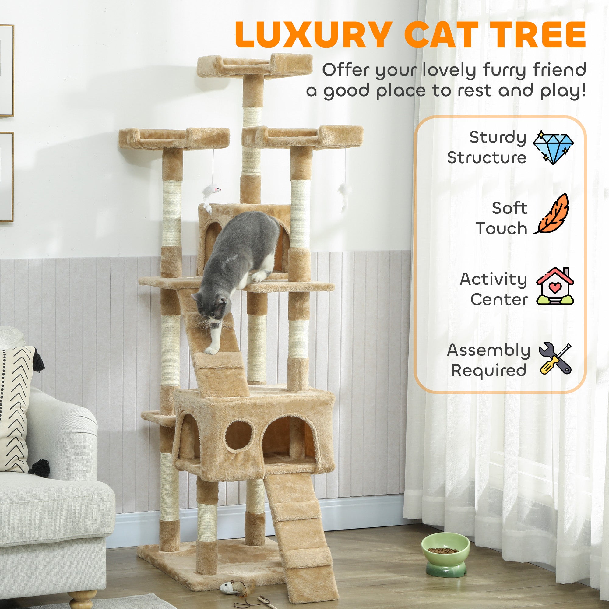 pawhut-arbre-chat-68-avec-2-niches-perchoirs-et-griffoirs-marron-clair image 6