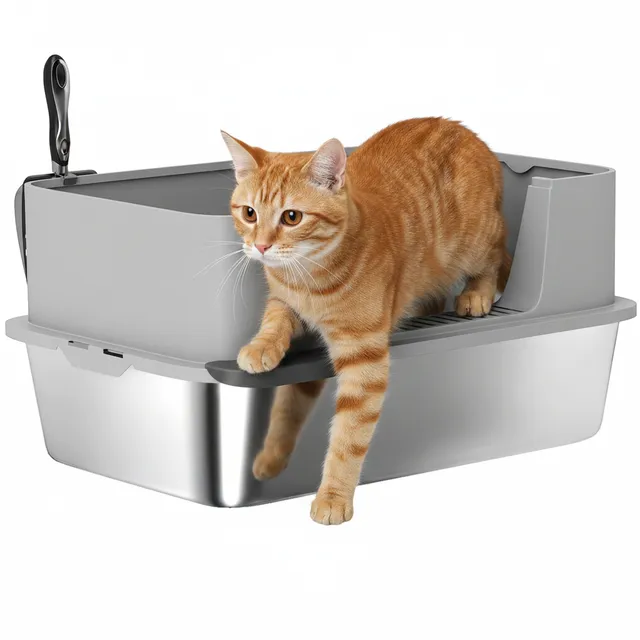 pawhut-bac-liti-re-chat-xl-en-acier-inoxydable-avec-pelle-bords-hauts-gris image 1