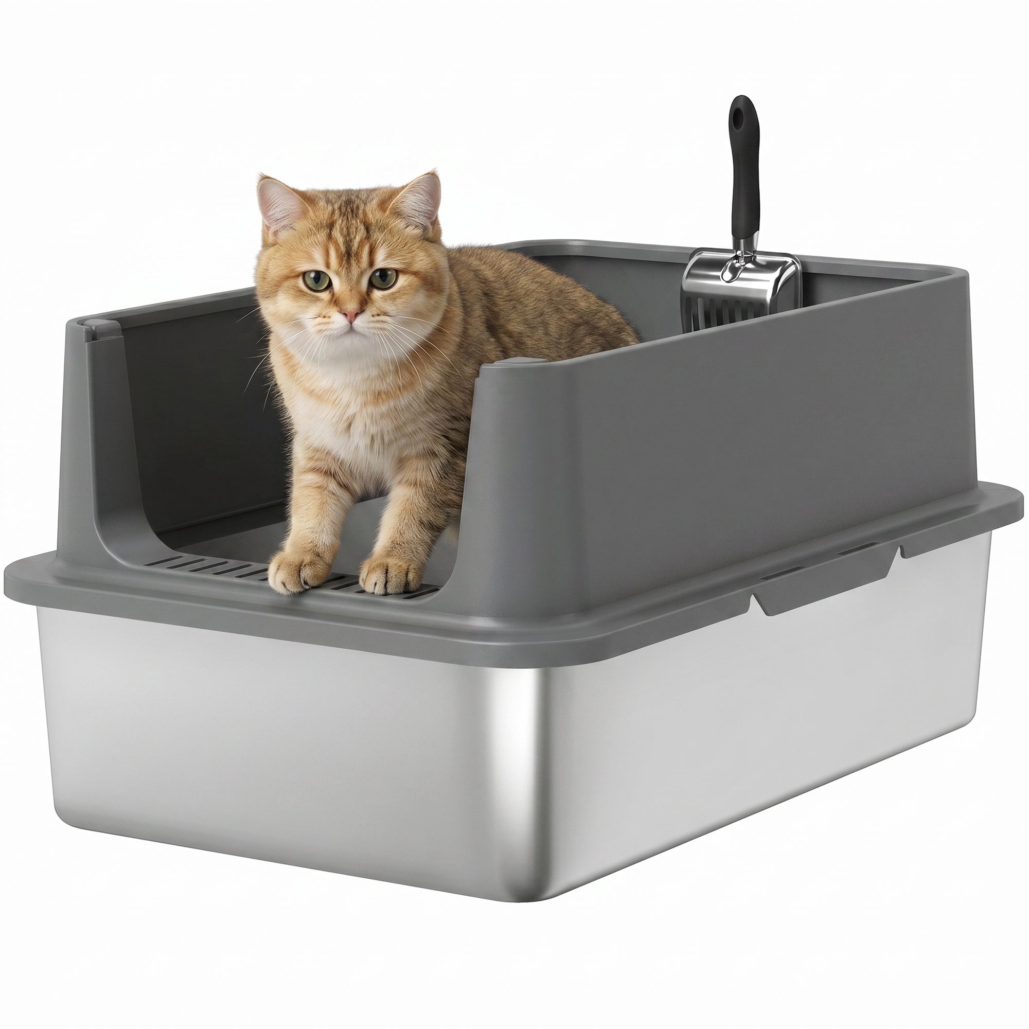 pawhut-bac-liti-re-chat-inox-xl-parois-hautes-avec-pelle-anti-fuite-gris-fonc image 1