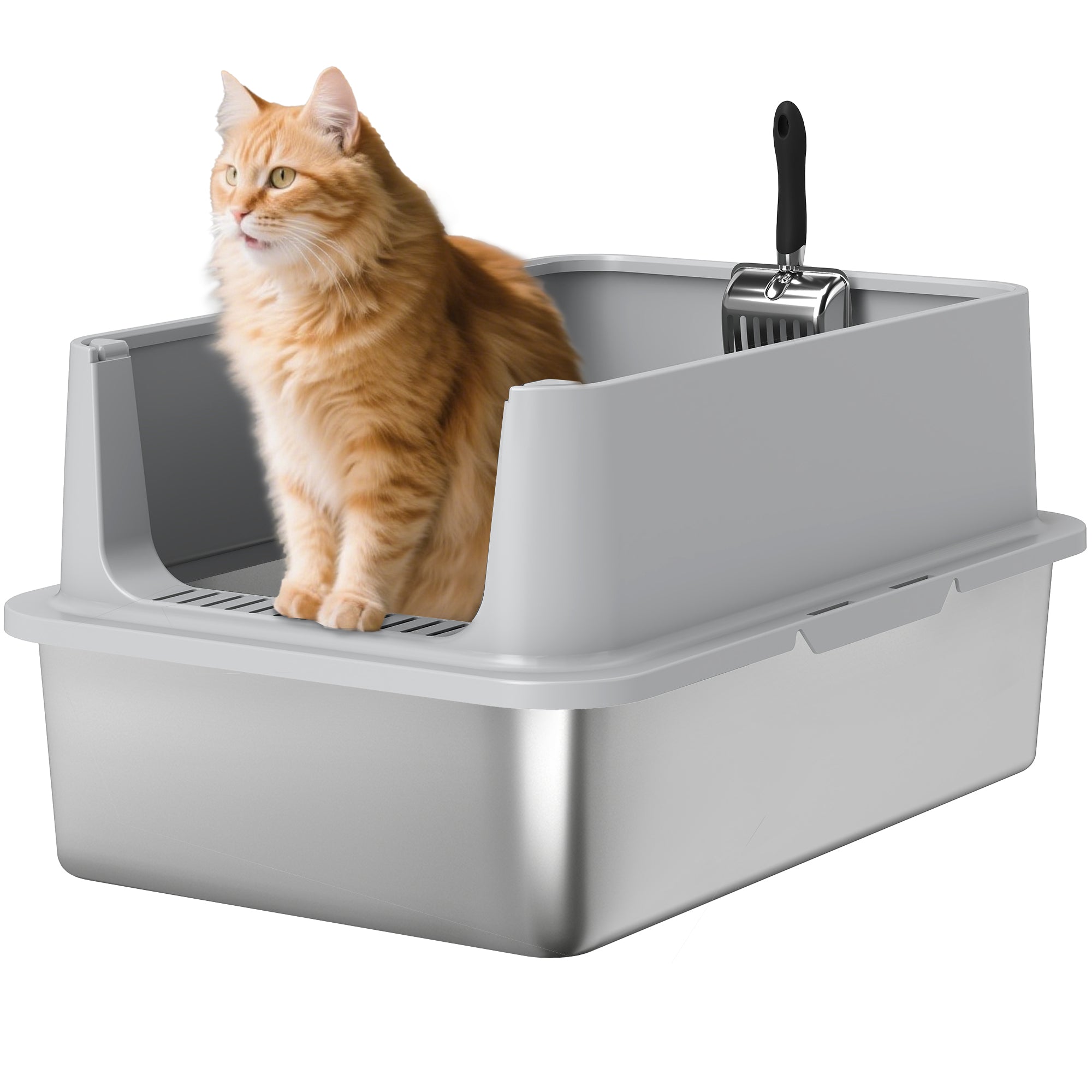 pawhut-bac-liti-re-chat-xl-inox-avec-pelle-et-marche-avant-gris image 1