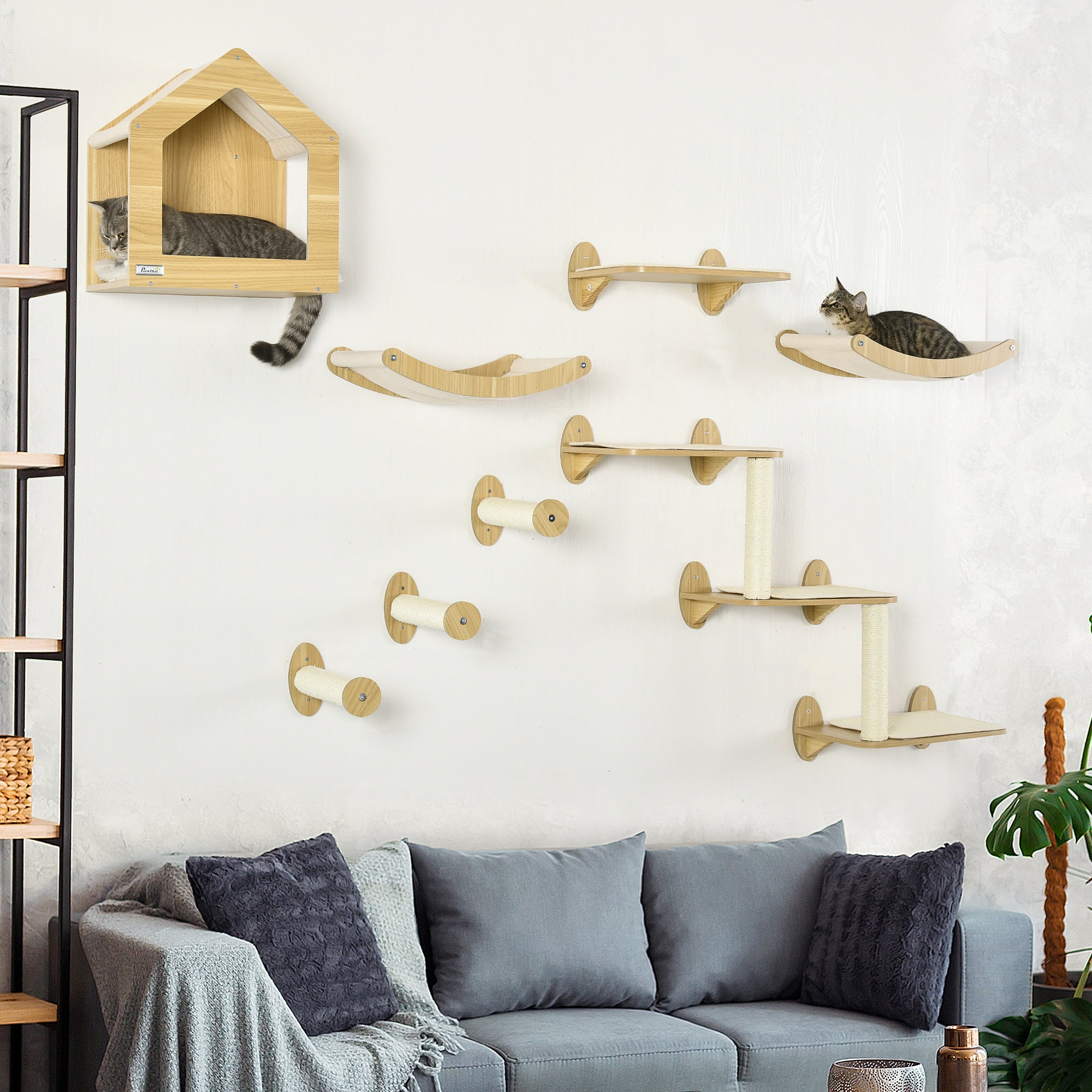 pawhut-arbre-chat-mural-8-pi-ces-beige-avec-condo-perchoirs-et-griffoirs image 4